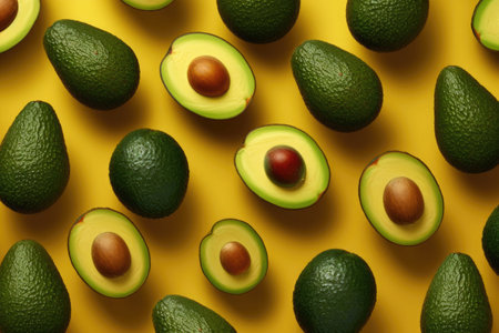Fresh organic avocados, top view background. Generative AI illustrationの素材