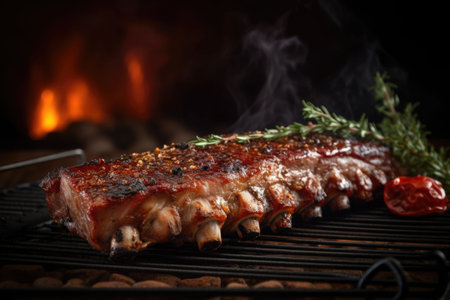 Costata di manzo. Grilled or pan fried pork chops on the bone with garlic and rosemary. Generative AI illustrationの素材