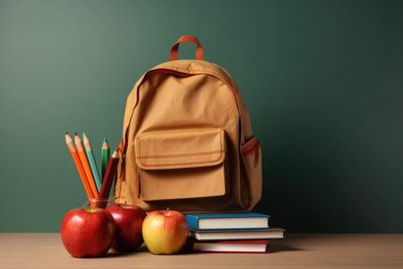 Blackboard with backpack, books and apples on wooden desk. Back to school concept. Generative AI illustrationの素材