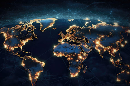 Cyber Earth. Global network connection covering the earth with lines of innovative perceptron. Generative AI illustrationの素材