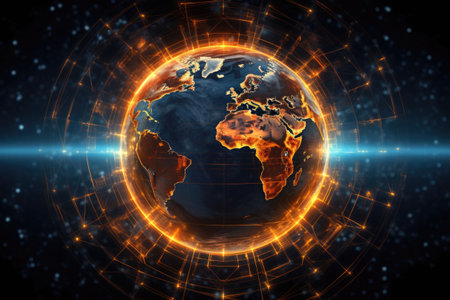 Cyber Earth. Global network connection covering the earth with lines of innovative perceptron. Generative AI illustrationの素材
