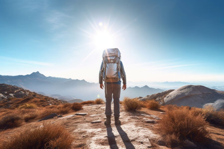 Hiker at sunset mountains with backpack. Travel wanderlust adventure concept. Outdoor vacation alone into the wild. Generative AI illustrationの素材