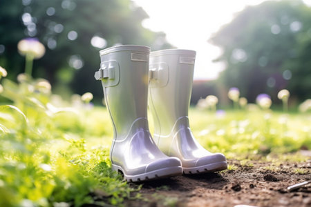 A pair of shiny rubber boots, in the vegetable garden. Generative AI illustrationの素材