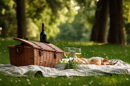 Picnic in a park surrounded by tall trees, green grass and a blanket spread out. A bottle of wine and a basket of goodies. Generative AI illustrationの素材