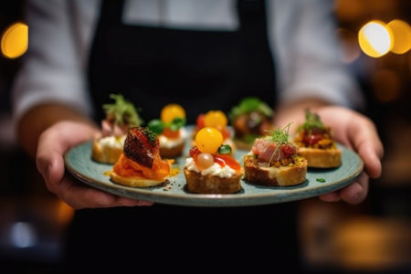 Waiter carrying plates with meat dish on some festive event or party. Generative AI illustrationの素材