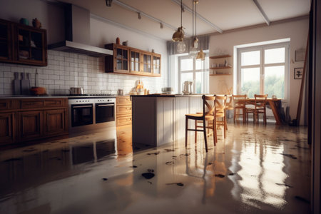 Flooded floor in kitchen from water leak. Damage. Property insurance. Generative AI illustrationの素材