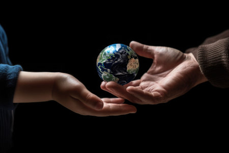 Close up of man hands giving small planet earth to a child over defocused green background. Generative AI illustrationの素材