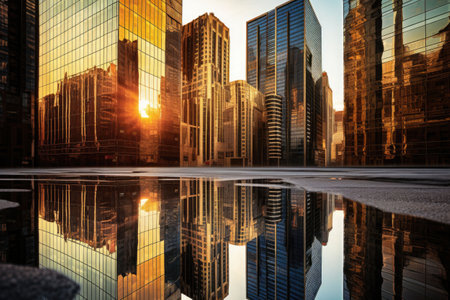 Metal and glass skyscrapers with reflection of sunrise. Urban jungle. Generative AI illustrationの素材
