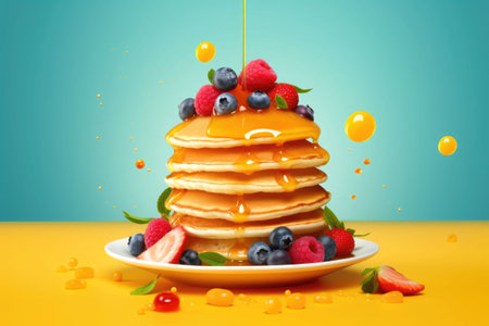 Stack of pancakes with fresh blueberries, strawberries and maple syrup on a bright background. Generative AI illustrationの素材