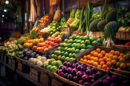 A bustling fresh market with rows of colorful fruits and vegetables. Generative AI illustrationの素材