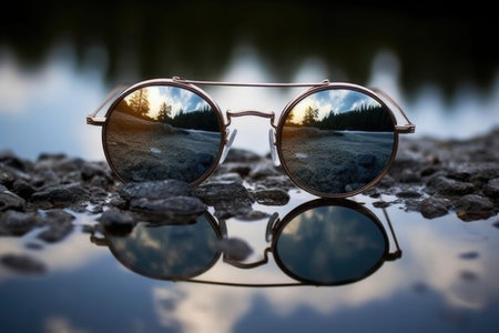 Reflection in the sunglasses shows lake and forest. Generative AI illustrationの素材