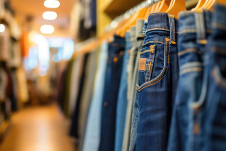 Row of pants denim jeans hanging in closet. Jeans store in a shopping center. Denim sales. Generative AI illustrationの素材