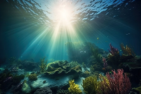 Animals of the underwater world with sun rays. Underwater world. Coral reef and fish. Generative AIの素材