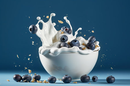 Splash of tasty yogurt and fresh blueberries on violet background. Generative AI illustrationの素材