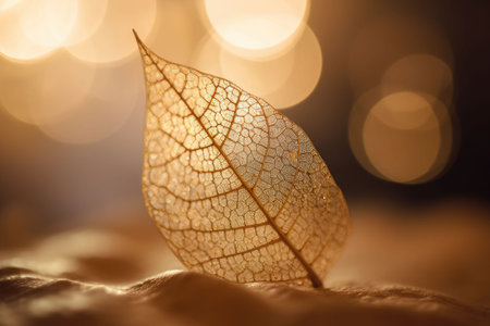 Close up white skeletonized leaf on golden background with round bokeh. Generative AI illustrationの素材