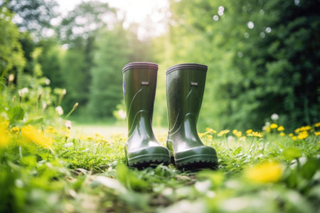 A pair of shiny rubber boots, in the vegetable garden. Generative AI illustrationの素材