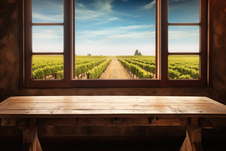Empty wooden table. Vineyard view out of open window. Generative AI illustrationの素材