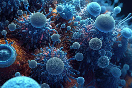 A background with a macro shot of various microbes, virus cells and bacteria. Concept of science and medicine. Generative AI illustrationの素材