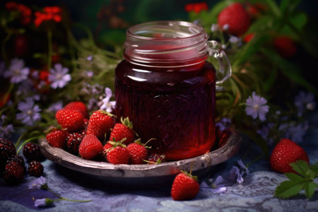 Jar of strawberry jam and fresh berries. Generative AI illustrationの素材