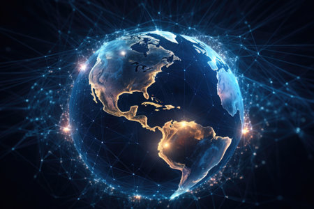Cyber Earth. Global network connection covering the earth with lines of innovative perceptron. Generative AI illustrationの素材