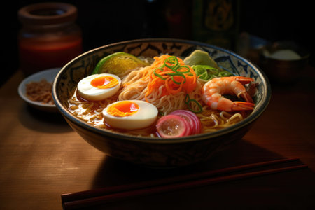 Ramen noodles with egg and pork in bowl. Japanese cuisine. Top view. Generative AI illustrationの素材