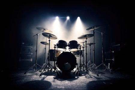 Drum set on stage for band with spot lighting spotlight, dark background. Generative AI illustrationの素材