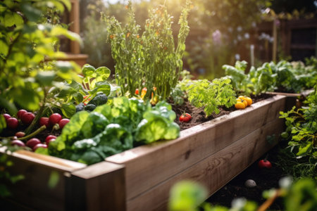 Raised bed gardens for growing vegetables or composting. Generative AI illustrationの素材