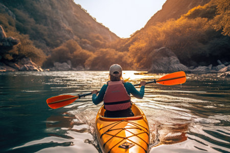 A man enjoying an eco friendly activity such as kayaking. Kayaker on the scenic lake. Generative AI illustrationの素材