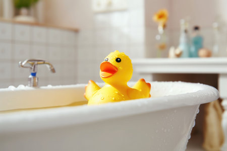 Yellow duck toy in the bathtub. Bath time concept. Generative AI illustrationの素材