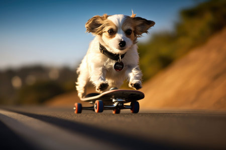 Dog riding very fast with speed a skateboard as skater. Generative AI illustrationの素材