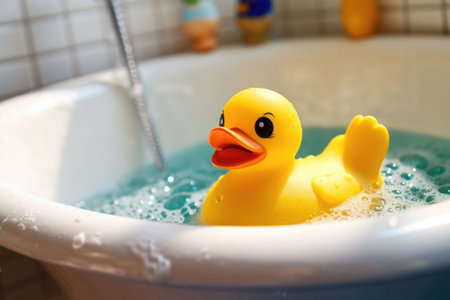Yellow duck toy in the bathtub. Bath time concept. Generative AI illustrationの素材