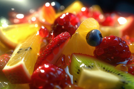 Extreme close up of an juicy fruit salad. Background of healthy fresh fruits. Generative AI illustrationの素材