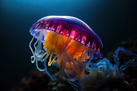Jellyfishes swimming in the sea. Beautiful illuminated jellyfish. Generative AI illustrationの素材