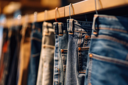 Row of pants denim jeans hanging in closet. Jeans store in a shopping center. Denim sales. Generative AI illustrationの素材
