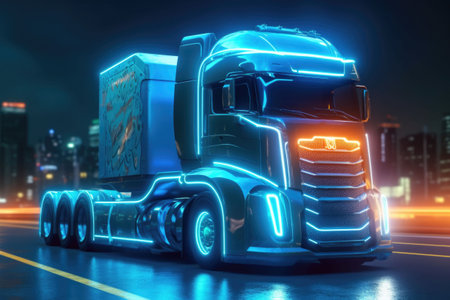 Electric truck in a futuristic environment. Truck with neon lights. Generative AI illustrationの素材