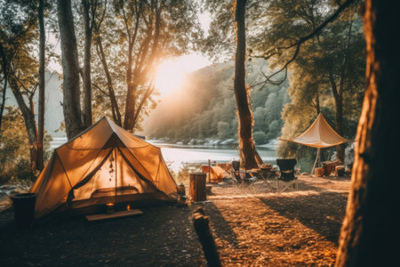Beautiful morning landscape with camping tent at sunrise. Camping in the forest. Generative AI illustrationの素材