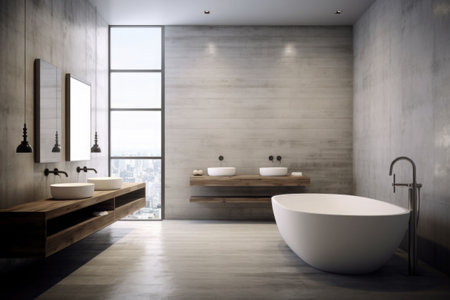 Minimalist bathroom with concrete floor, a table with accessories on it. Generative AI illustrationの素材