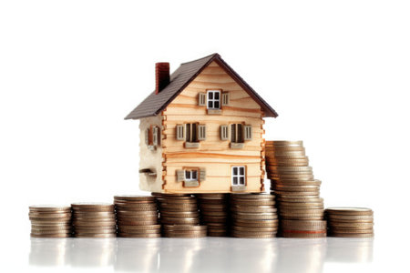 Small house and stack of coins on white background. Concept of investment property. Generative AI illustrationの素材