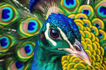 Peacock with open tail in metallic colors. Close up shot of a peacocks colorful plumage. Generative AI illustrationの素材