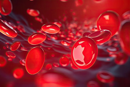 Red blood cells. Medical hematology background with erythrocytes. Closeup hemoglobin streaming. Generative AI illustrationの素材