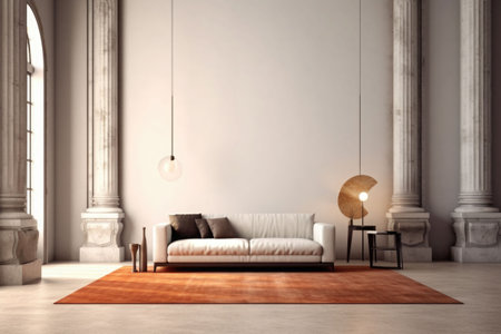 A contemporary minimal style room. Furnitures and modern minimal lamps, tall ceiling, vintage carpet, blank wall. Generative AI illustrationの素材