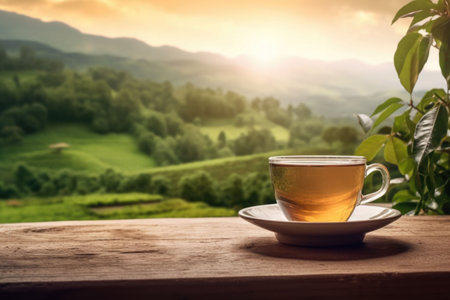 Tea cup with on the wooden table and the tea plantation on blurred background. Generative AI illustrationの素材