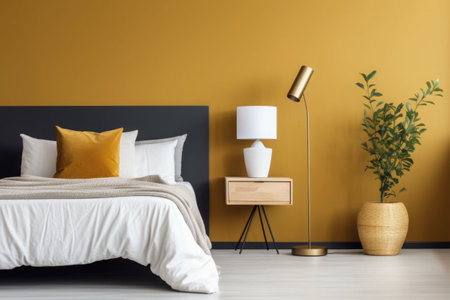 Minimalistic design scandinavian interior with mustard wall. A bedroom with a little bedside table, golden lamp, accessories, plant. Generative AI illustrationの素材