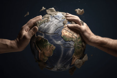 Hands crush the earth globe. Human vs Earth. Environmental issues. Destroying the Earth. Generative AI illustrationの素材