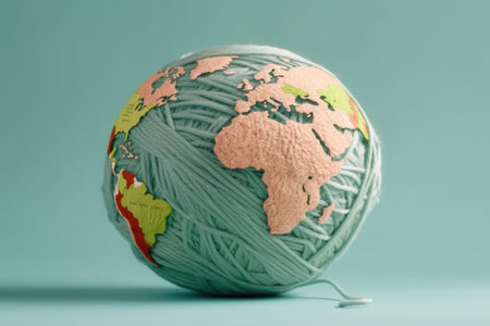 Soft Earth globe made of ball of yarn on pastel green background. Generative AI illustrationの素材