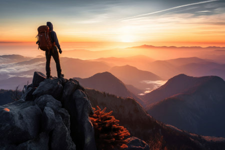 Tourist with backpack on the peak of high rocks looks on the sunset. Sport and active life concept. Generative AI illustrationの素材