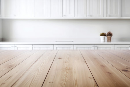 Empty wooden table and blurred white kitchen wall background. Generative AI illustrationの素材