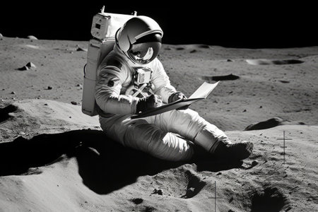 An astronaut reads a book on the moon. The spaceman is sitting on a sand with a book in his hand. Generative AI illustrationの素材