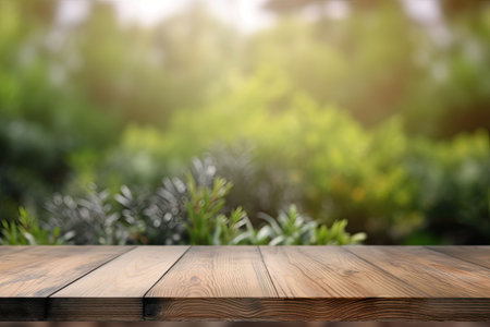 Image of wooden table in front of abstract blurred background made of plants. Generative AI illustrationの素材
