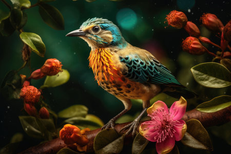 Colored tropical bird and beautiful surreal flowers. Generative AI illustrationの素材